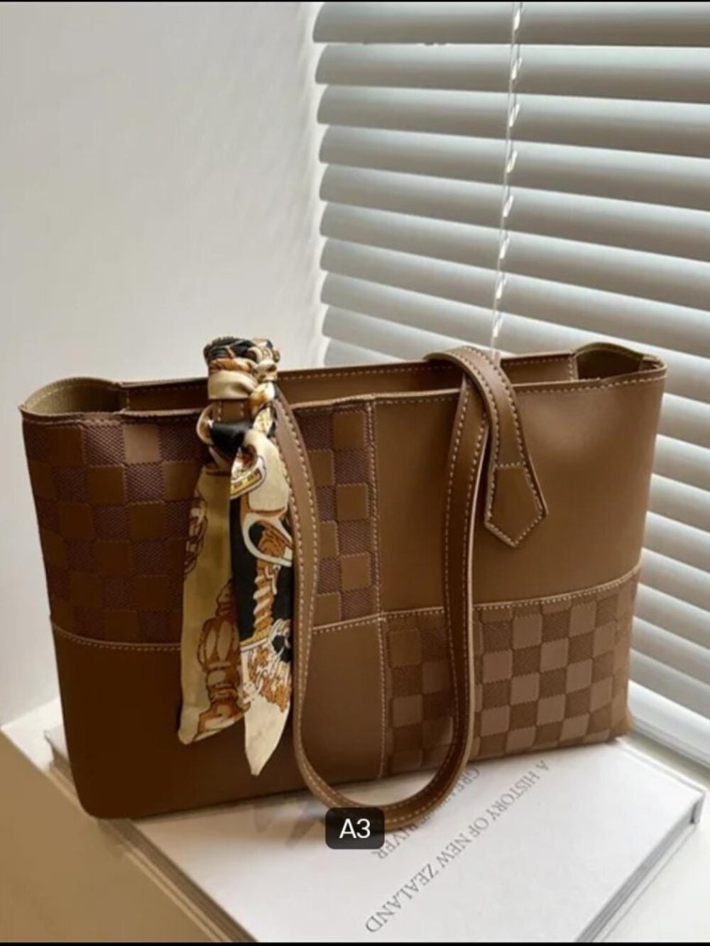 Shoulder Bag With Ribbon Fashion Plaid Pattern Tote Bag Popular PU Leather Women